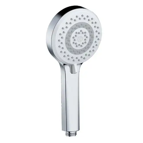 Handbrause mit runder Kopfpartie und zahlreichen Düsen. Glänzende Oberfläche und ergonomischer Griff. Kludi-Produkt.